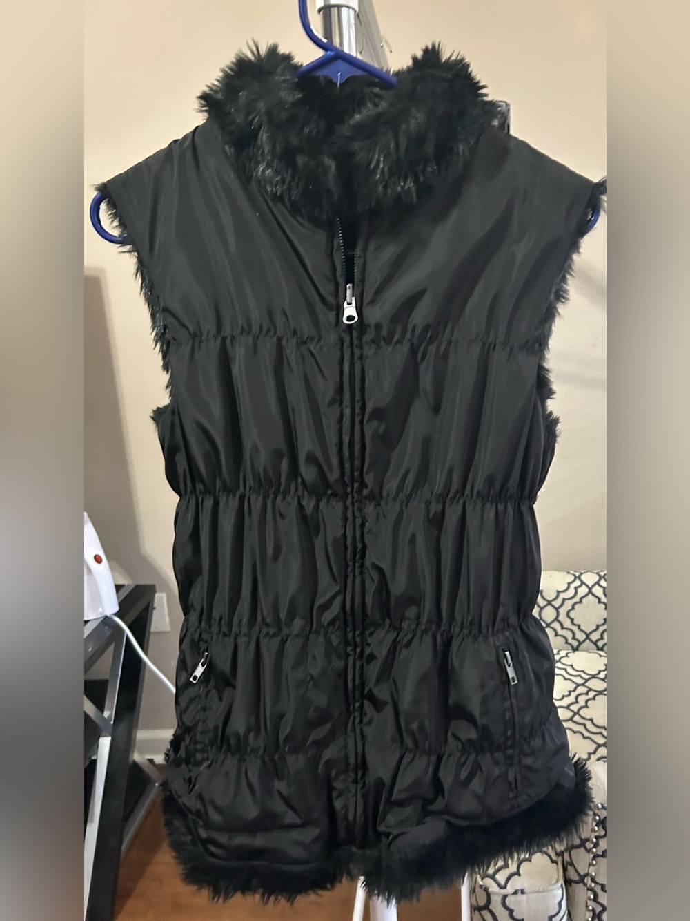 bagatelle Black Puffer Vest with Faux Fur Trim